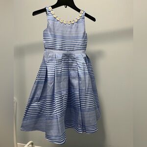 Monsoon Blue and White Striped Floral-Trim Fit-and-Flare Dress